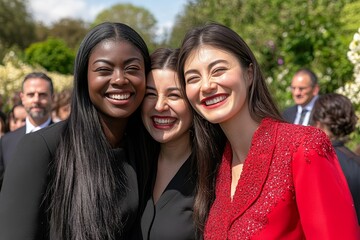 Three women celebrate together outdoors during a sunny afternoon gathering in a beautiful garden setting