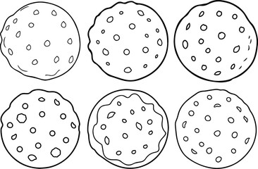 Set of chocolate chip cookie outline vector illustration line art