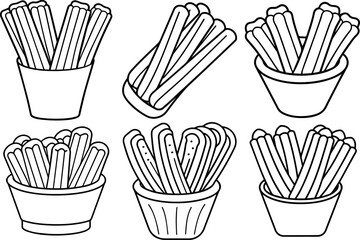 Set of churros outline coloring book page line art vector illustration