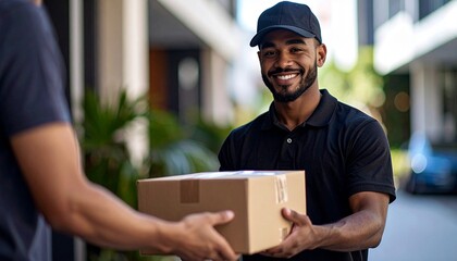 Courier Handing Over Parcel at Doorstep with Urban Backdrop and Smile