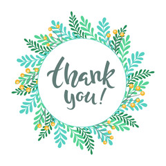 Charming Thank You design with a floral wreath border, perfect for greeting cards, invitations, or gratitude messages.