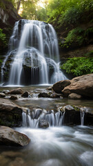 Obraz premium Serene Cascade: Witness the majestic waterfall cascade down rugged rocks and flowing into the fresh water stream, and the water flow like a silver thread.