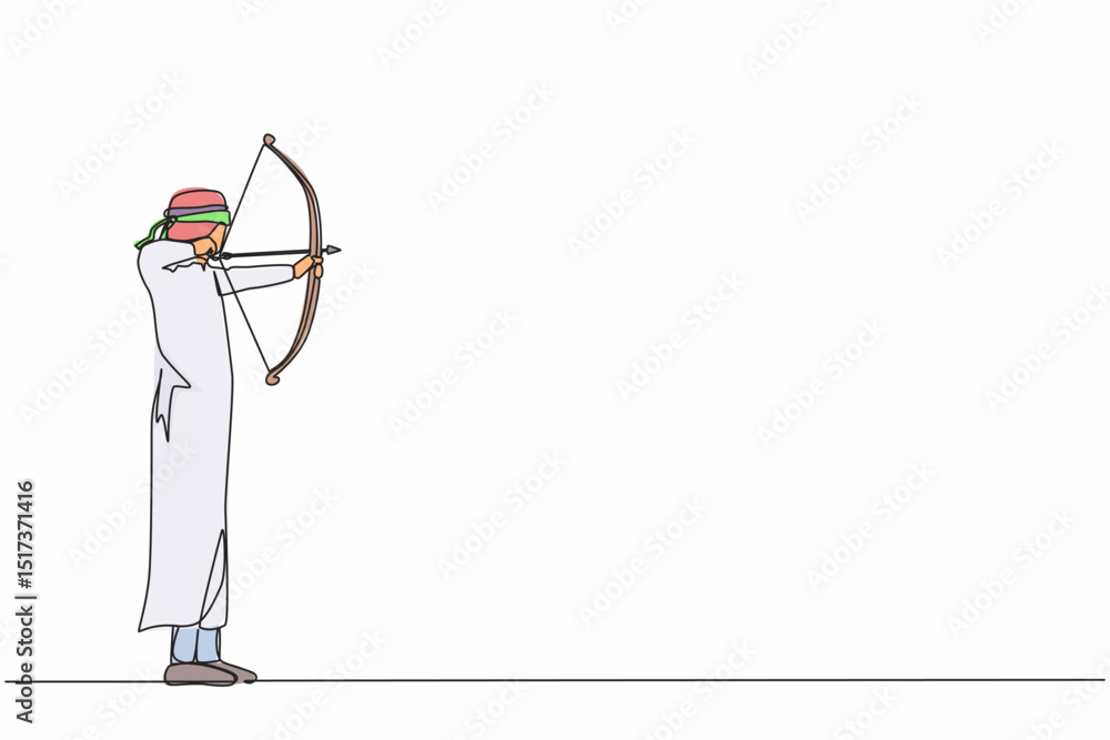 Poster single continuous line drawing blindfolded arabic businessman shooting arrow. missed target. busines