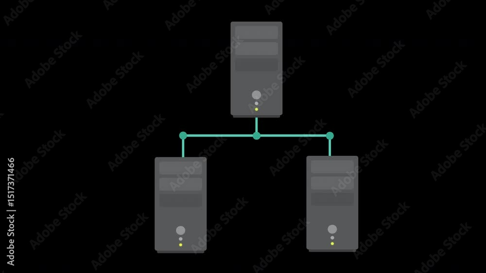 Poster network infrastructure visualization: connected servers in a simplified cartoon style on a transpare