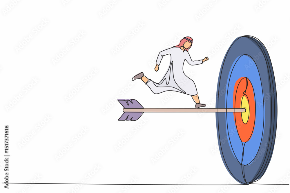 Aufkleber single continuous line drawing arabian businessman run to bullseye with dart. reach target success. 