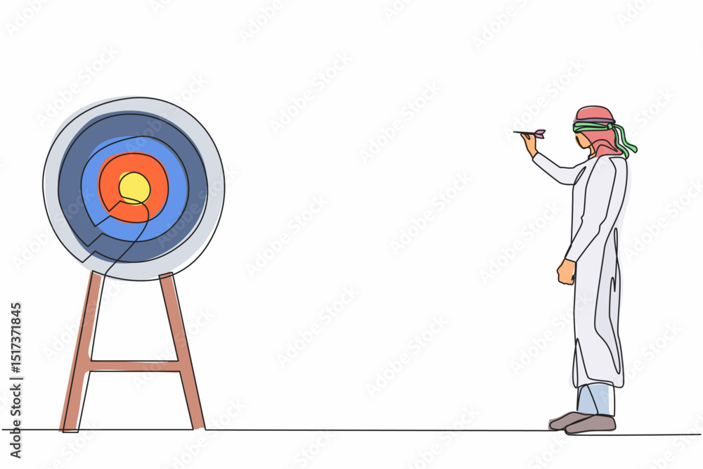 Poster single continuous line drawing arabic businessman using blindfold and hit darts target. confused bli