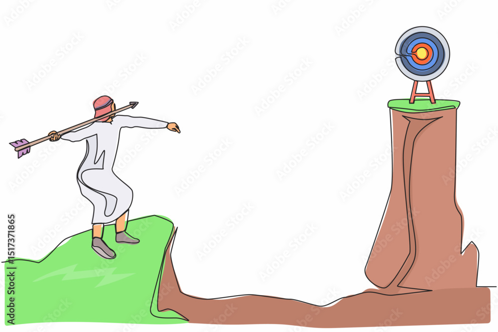 Poster continuous one line drawing arab businessman standing on peak of cliff targeting dartboard with big 