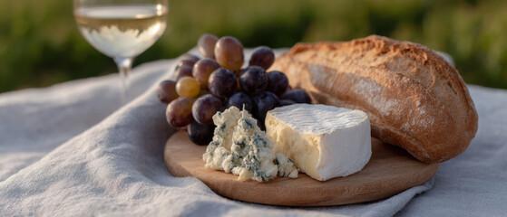 Fototapeta premium Rustic picnic with cheese, grapes, and bread on vineyard hill