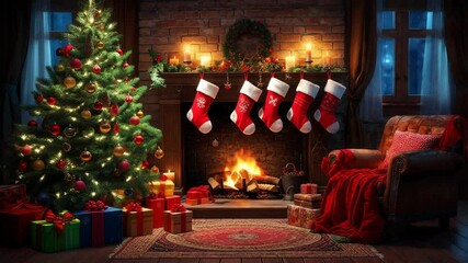 Festive living room adorned with a Christmas tree, stockings, and cozy fireplace during the holiday season - Powered by Adobe