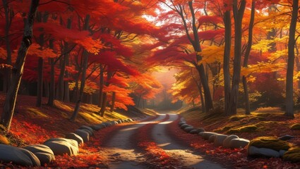 Scenic Autumn Forest Path with Sunlight Filtering Through Trees	
