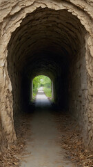 Fototapeta premium Tunnel Vision: An enchanting image that draws the viewer through a captivating stone tunnel, leading towards an opening and a bright path beyond.