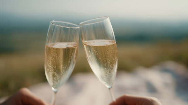 Two champagne glasses clinking during scenic outdoor picnic
