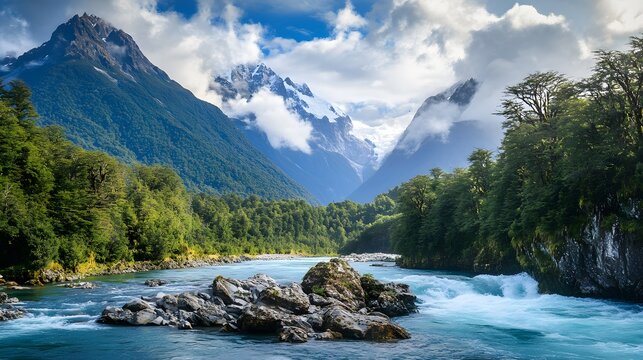 Majestic river flowing through a lush valley, framed by snow-capped mountains. - Powered by Adobe