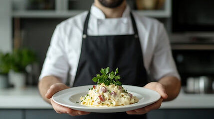 Chef presenting a plate of pasta garnished with parsley in a modern kitchen
