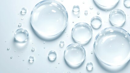 Clear water droplets on a smooth, light surface with reflections and a clean, fresh appearance.
