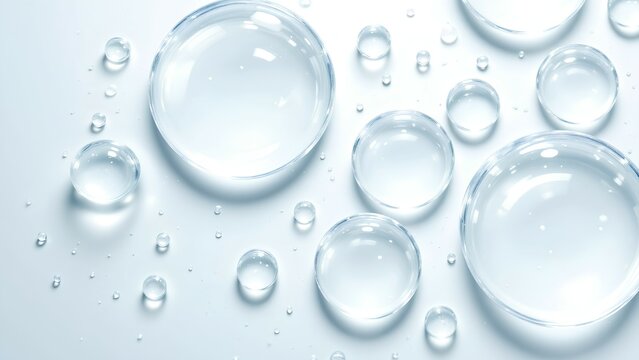 Clear water droplets on a smooth, light surface with reflections and a clean, fresh appearance.