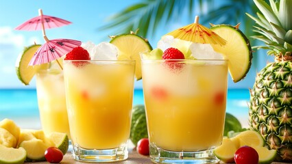 Tropical cocktails with fruit garnishes and umbrellas are served on a beach, surrounded by pineapples, limes, and a sunny ocean backdrop.