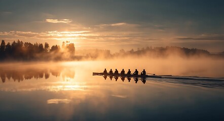 Athletic rowing team at sunrise on misty lake.
