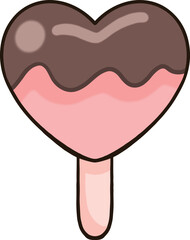 Pink heart-shaped chocolate ice cream topped with chocolate sauce on a popsicle stick.