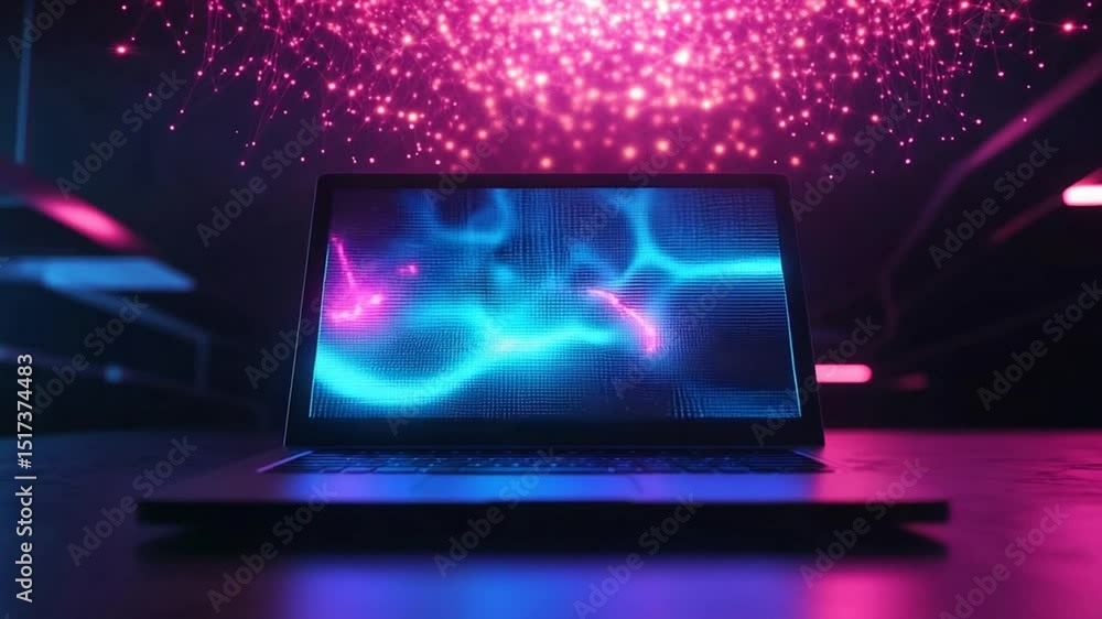 Poster modern laptop with abstract digital art on screen and particle effects background