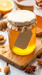Honey in a glass jar with a natural label, surrounded by healthy ingredients 