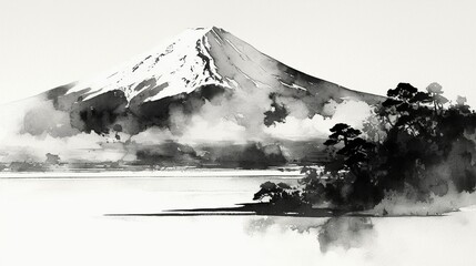Monochrome Ukiyoe of Mt. Fuji/富士山のモノクロ浮世絵1 © 雅