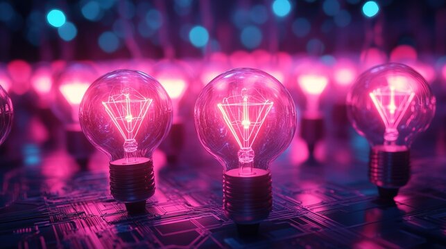 A high-tech power grid with glowing neon lightbulbs indicating energy flow 
