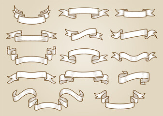 Collection of vintage decorative ribbons and banners on beige background