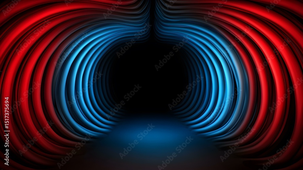 Poster the image shows a dark tunnel-like structure formed by curving, glowing red and blue lines that meet