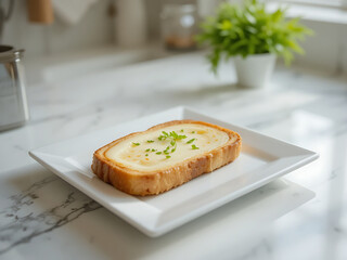 Delicious cheese toast served on a white plate in a well-lit kitchen for National Cheese Toast Day celebration