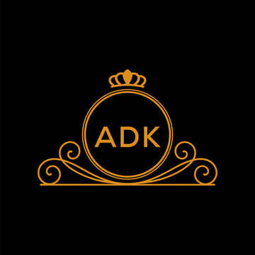 ADK Luxury Monogram Logo Design with Crown and Swirl Ornament. ADK Royal Elegant Initial Emblem.
