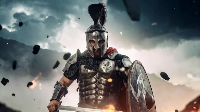 Brave warrior with a sword and shield stands amidst debris and fire under a stormy sky, symbolizing ancient battle and unwavering courage.