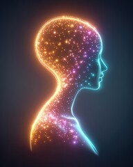 Predictive healthcare using digital twins models, A glowing silhouette representing deep thoughts and imagination. Digital twins for health in personalized medical systems, real-time patient modeling