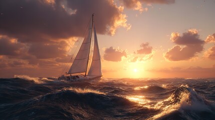 A majestic sailboat navigates turbulent waves during a stunning golden sunset at sea featuring