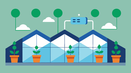 Fototapeta premium Automated Greenhouse An overhead view of a greenhouse with automated systems for temperature and humidity control monitored by AI for optimal growing conditions.