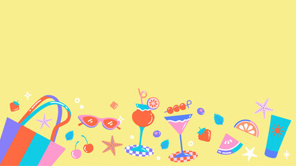 Summer vibes illustration, featuring cocktails, beach items