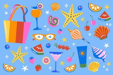 Colorful beach illustration showing various elements