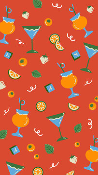 Colorful illustration of a cocktail-themed pattern with fruits