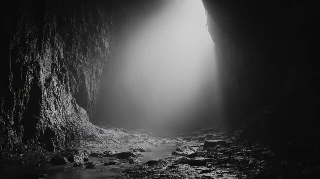 Eerie cavern illuminated by a single beam of ethereal light in a dark tunnel
