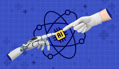 Futuristic robot and Doctor fingers touching to AI icon, Advanced medical robotics and artificial intelligence integration, Contemporary art collage, Blue grid background