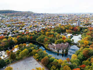 A public park, autumn leaf color change, buildings skyscrapers downtown in the background.