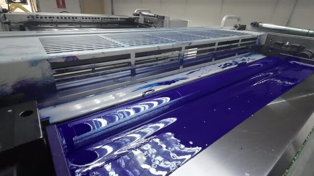 The footage highlights the cyan ink duct of an offset printing press, illustrating the intricate process of ink application. It captures the dynamic flow and distribution of rich color.
