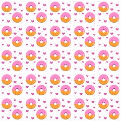 Seamless pattern of pink and orange frosted donuts with sprinkles, accompanied by small pink hearts on a white. Cute and sweet design perfect for wrapping paper, textiles, or digital background