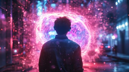 A lone figure faces a cosmic vortex of shimmering energy wondering about the unknown future and its