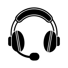 Black and white illustration of modern over ear headphones with attached microphone
