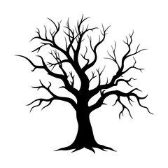 Silhouette of a bare tree against a white background suitable for various designs