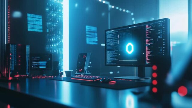 Futuristic coding workspace with glowing neon accents and immersive technology