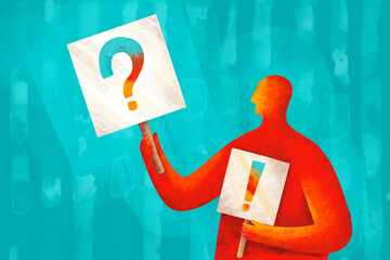 Person holding question and exclamation signs in bright colors