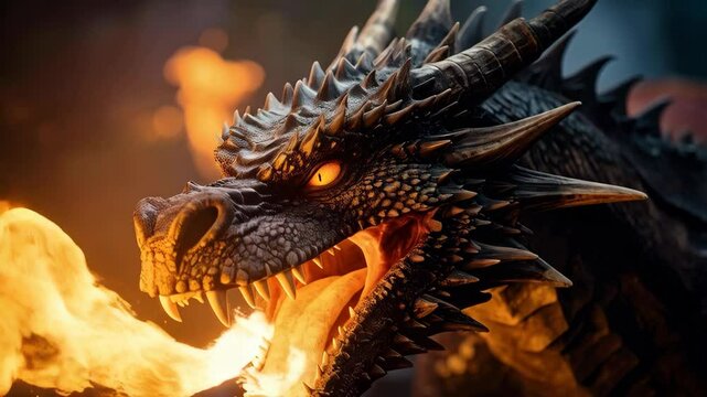 Fantasy creature exhales fire, close-up view of detailed dragon head with scales, horns, and sharp teeth with a dark blurred background.