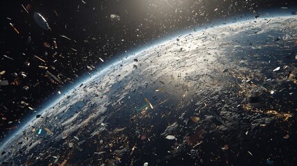 A Dystopian future where earth is filled with floating space debris due to pollution and neglect